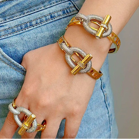 Gold Zircon Bangle Bracelet Two Finger Ring Set Luxury 18K Gold Plated - Picture 1 of 16